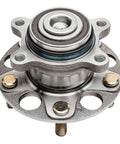 Close-up of a wheel hub in 4 Piece Wheel Bearing Hub Kit For Honda Civic 2006 2011 Includes 2 Front Wheel Bearings And 2 Rear Wheel Hubs Assembly Fits 2009 2010 2011 Hybrid EX LX Models Encoded ABS 5 Bolt Replacement