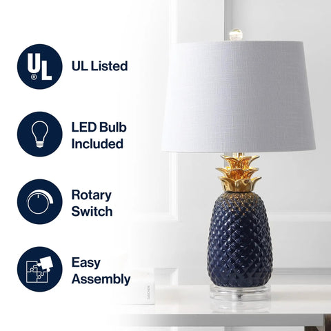 Navy Blue And Gold Pineapple Ceramic Table Lamp For Bedroom Decor With White Linen Drum Shade And LED Bulb Modern Whimsical Bedside Nightstand Light Includes Energy Saving LED Bulb Dope Vibe with UL listed features and rotary switch.