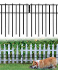 1.2 Inch Gap Animal Barrier Fence Panels No Dig Garden Fencing Kit Heavy Duty 3.75mm Wire Rustproof Outdoor Dog Fence For Yard Garden Edging Keeps Critters Out, showing installed black panels along a white picket fence, blocking a small dog.