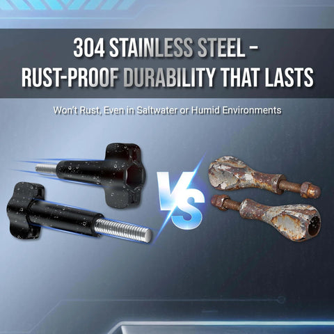 Comparison of 304 stainless steel rustproof thumb screws with corroded screws. Four Pack Beefy Stainless Steel 1/4 Inch 20 Thumb Screws.