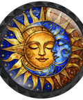 Close-up of Sun And Moon Cabinet Knobs 4 Pack For Kitchen And Bathroom Boho Stained Glass Drawer Pulls With Gold Sun Face And Blue Crescent Moon Design