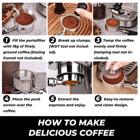 Step-by-step guide showing Pro Grade 58mm Bottomless Portafilter With Two Ears For Breville Dual Boiler Oracle Touch in use.