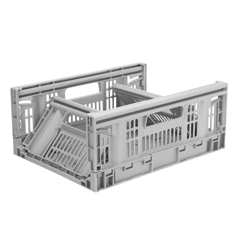 Partially folded grey utility crate, Must-Have Collapsible Utility Crates Set Of 3 Grey 15.8L Stackable Folding Storage Bins