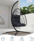 Egg Chair With Stand For Indoor Outdoor Use, Foldable Rattan Wicker Hanging Swing, Black Cushion, Patio Setting