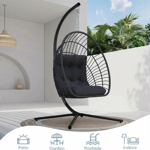 Egg Chair With Stand For Indoor Outdoor Use, Foldable Rattan Wicker Hanging Swing, Black Cushion, Patio Setting
