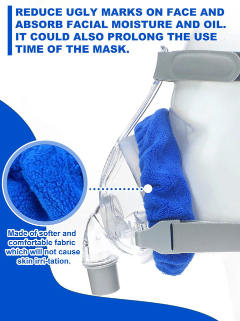 Close-up of a full face mask with a blue fleece liner. 24 Pack Full Face Mask Liners For Comfy Comfort And Leak Prevention.