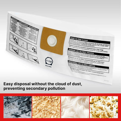 Disposable Vacuum Filter Bags For 1 To 1.5 Gallon Tanks, Dry Pick Up Only, White, 3 Pack shown with instructions and materials