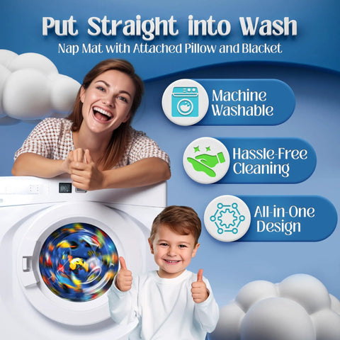Smiling woman and boy with washing machine promoting Construction Theme Nap Mat for Preschoolers and Toddlers Cozy Soft Non Toxic Fabric.