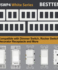 2 Gang Screwless Wall Plate Cover Pack Of 10 In Off White, shown with compatible switches and outlets, smooth finish