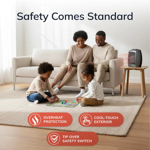 Family playing by Portable Ceramic Space Heater With Tip Over Safety And Overheat Protection, 1500W Two Heat Settings And Thermostat