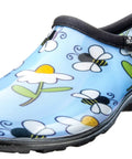 Light Blue Bee Print Women's Waterproof Rain Kicks Slip-On Garden Clog With Heavy-Duty Arch Support and Cushy Comfort.