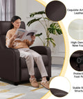 Brown Recliner Chair Featuring Three Position Recline And Plush Faux Leather Upholstery Rugged Wood Frame Engineered For Serious Living Room Comfort Smooth Tilting Action For Kickback Sessions with a person reading.