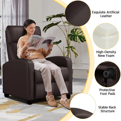 Brown Recliner Chair Featuring Three Position Recline And Plush Faux Leather Upholstery Rugged Wood Frame Engineered For Serious Living Room Comfort Smooth Tilting Action For Kickback Sessions with a person reading.