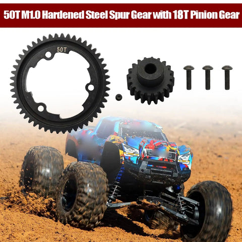 Beefed-Up 50T M1.0 Hardened Steel Spur Gear with 18T Pinion Gear for tough RC builds, compatible with listed Traxxas models.