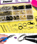 All In One Keychain Making Kit With Pliers 321 Pcs Including 40 Swivel Lanyard Hooks 200 Jump Rings 40 Keychain Rings 40 Extender Chains In Bronze Black Gold Silver For Diy Craft Projects displayed with pliers and components