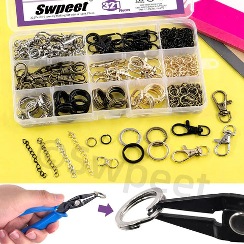 All In One Keychain Making Kit With Pliers 321 Pcs Including 40 Swivel Lanyard Hooks 200 Jump Rings 40 Keychain Rings 40 Extender Chains In Bronze Black Gold Silver For Diy Craft Projects displayed with pliers and components