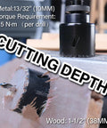 Close-up of Go-To Heavy Duty Bi-Metal Hole Saw cutting through wood, highlighting depth and cutting ability.