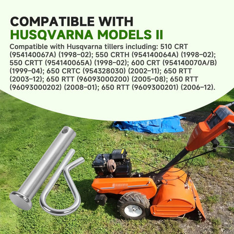 Clevis Pin And Hairpin Clip Kit With Four Pins And Four Clips, Replacement Parts For Tillers Including Husqvarna Poulan Weed Eater Jonsered, Compatible With Select Serial Numbers, Easy Install With Pliers, overlaid on tiller image.