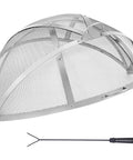 36-Inch Fire Pit Spark Screen Lid Round Stainless Steel Fire Ring Cover, visible dome structure and poker tool, for Outdoor Pits.