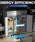 No Fuss Heavy Duty Cold Locker 72 Inch Commercial Freezer Three Door Solid Build Fifty Four Cubic Feet with open doors displaying food.