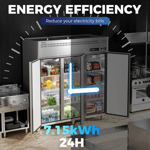 No Fuss Heavy Duty Cold Locker 72 Inch Commercial Freezer Three Door Solid Build Fifty Four Cubic Feet with open doors displaying food.