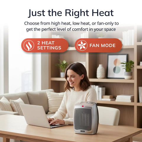 Woman using Compact Desktop Ceramic Space Heater With Adjustable Thermostat, Two Heat Settings And Fan Only Mode on desk