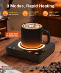 Cordless Mug Warmer With Built In Portable Charger Keeps Coffee Piping Hot On Desks Using Three Heat Settings with mug and controls.