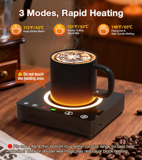 Cordless Mug Warmer With Built In Portable Charger Keeps Coffee Piping Hot On Desks Using Three Heat Settings with mug and controls.