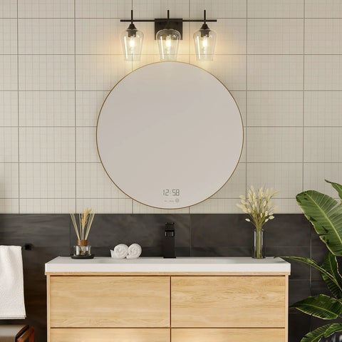 Three Light Black Vanity Light Over Mirror With Clear Glass Shades Sleek Modern Industrial Bathroom Wall Fixture for bathrooms