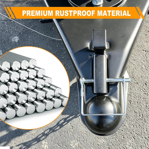 Close-up view of Built Tough Zinc Coated Quarter Inch Trailer Hitch Pin Set secured to hitch with rustproof material and locking pin.