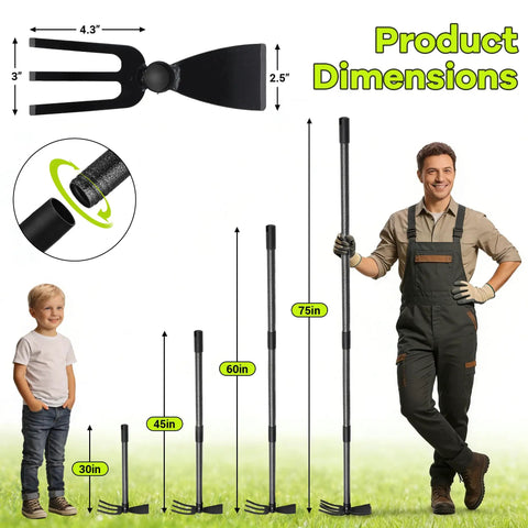 2-In-1 Garden Hoe With Adjustable 30-75 Inch Long Handle For Weeding And Tilling, size comparison with child and adult, tool dimensions shown.