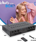 Beefy 600W 6 Channel Home Audio Amplifier For PA And Karaoke, showing front view with dimensions and accessories included