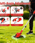 21V Cordless Weed Wacker And Edger Kit with adjustable handle and foldable design displayed on grassy lawn.