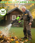 Man using Cordless Leaf Blower With Turbo Jet Power And Beast Speed 980000 RPM Blowing Rate Dual 21V Batteries Plus Charger