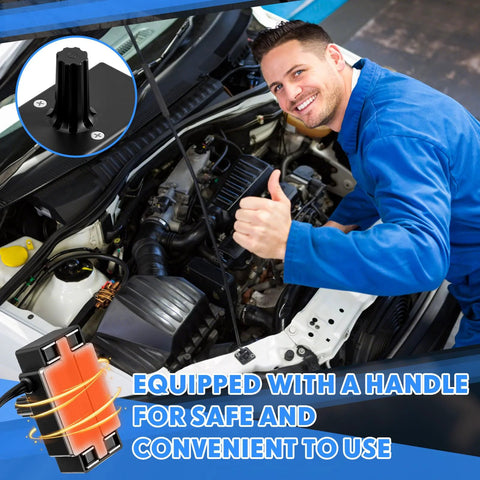 Angled front view of Hortsun portable engine block heater (orange/black) with magnetic mount under car hood