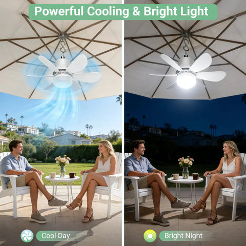 Dope Solar Powered Ceiling Fan With Light And Remote, 18000mAh Battery, outdoor use under gazebo, featuring LED light