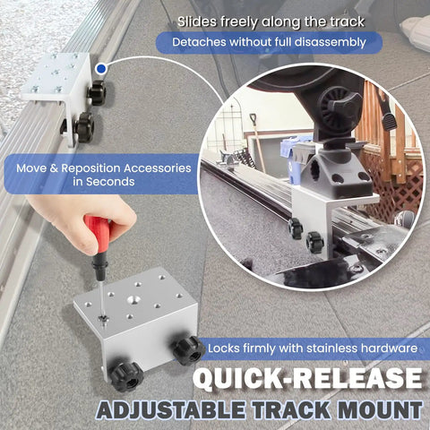 90 Degree Boat Track Mount Bracket For Versatrack, Cannon, Lund, Scotty, Ranger And More Aluminum Pre Drilled Gunnel Track Mount For Rod Holders And Marine Accessories quick-release mounted on boat track