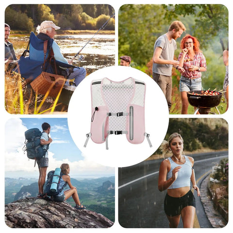 Ultra Lightweight Running Hydration Vest With Adjustable Straps Bladder Compatible Chest Pack Non Slip Phone Pocket For Women On The Go Hiking And Cycling Marathons Race Camping Gear displayed with outdoor activity scenes