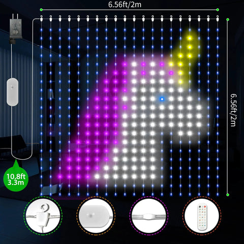 Smart Curtain Lights 400 LED Color Changing 6.6ft By 6.6ft With App And Remote Dynamic DIY Fairy String Lights showing unicorn pattern