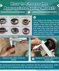 Instructions on choosing a spring model with images of spring types and measuring tools for Three Pack Drill Press Springs, 1.65 Inch Outer Diameter, 0.31 Inch Width, 0.03 Inch Thickness, 39.37 Inch Expanded Length, 42x8x0.8mm Spring Steel With Chemical Black Finish, Heavy Duty Replacement.