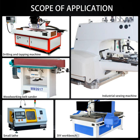 Image showing applications of 1100W AC Servo Motor Kit including drilling, woodworking, sewing, and lathe machines.