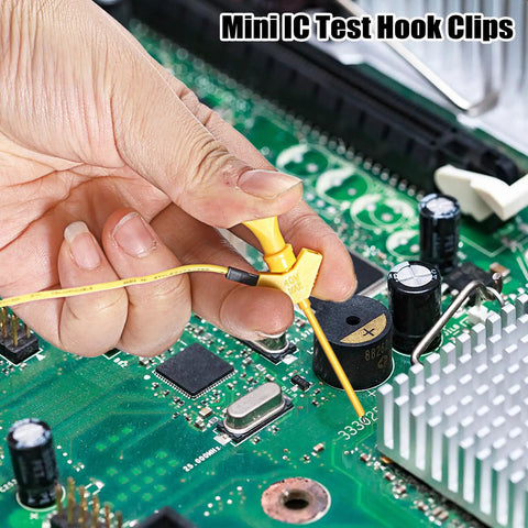 10 Piece Mini SMD IC Test Hook Clip Kit With Five Color Silicone Jumpers Wires For Logic Analyzers And Multimeters Electrical Testing on a circuit board