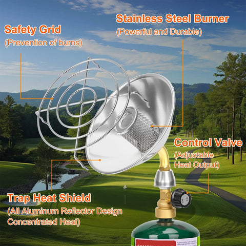 Portable Propane Golf Cart Heater For Outdoor Use with stainless steel burner and safety grid, fits cup holder for quick warmth.