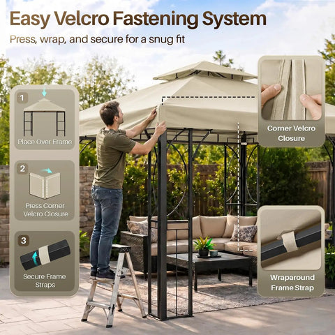 Man installing 12x12 Ft Gazebo Replacement Canopy Top Double Tier Roof With UV30 Protection Water Dirt Resistant for outdoor patio.