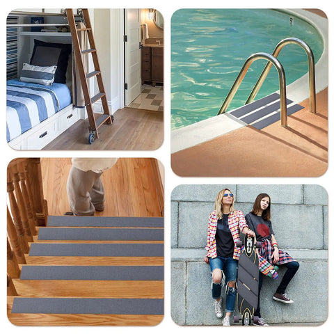 Various uses of Heavy Duty Non Slip Stair Tape 4 Inch By 60 Feet for Outdoor Steps Waterproof Anti Skid Tape in different settings