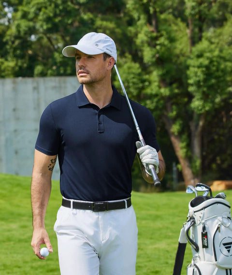 Man wearing Men's Golf Polo Shirt Quick Dry Cotton Short Sleeve Breathable Anti Sweat Wrinkle Resistant Tactical Collared Polo For Summer