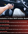 Installation instructions for Road Warrior Shifter Isolator Bushing Kit For Eaton Fuller Heavy Rigs, visible gear shift and hand.