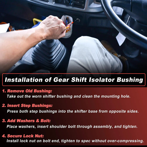 Installation instructions for Road Warrior Shifter Isolator Bushing Kit For Eaton Fuller Heavy Rigs, visible gear shift and hand.