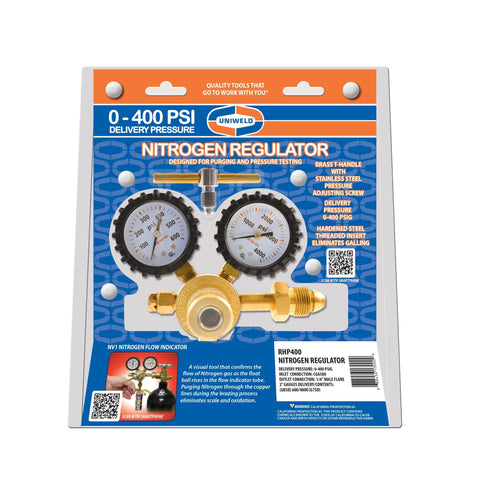 Front view of Uniweld RHP400 nitrogen regulator; brass body with dual gauges and CGA580 inlet, 1/4 flare outlet