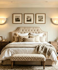 Lifora Hay 2-Light Indoor Wall Sconce 16 inch, Half Moon Wall Light Fixture illuminating a cozy bedroom decor with stylish bedding.